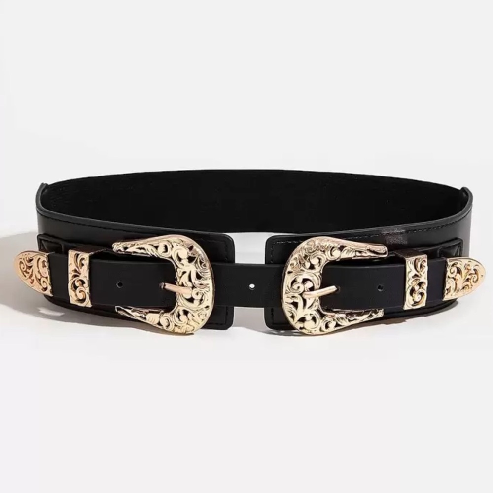 Elegant Black Western Double Buckle Belt with Gold Buckles